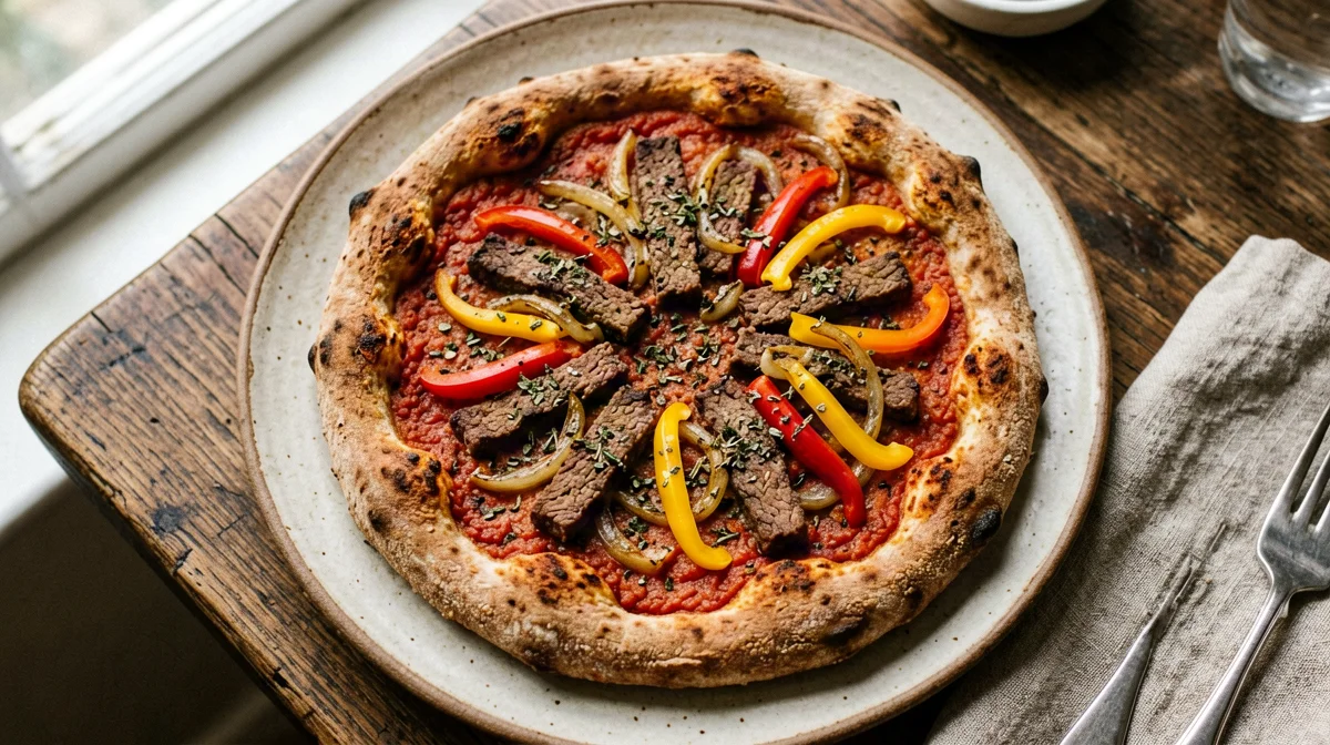 Vegan wholemeal pizza with seitan, peppers and onion