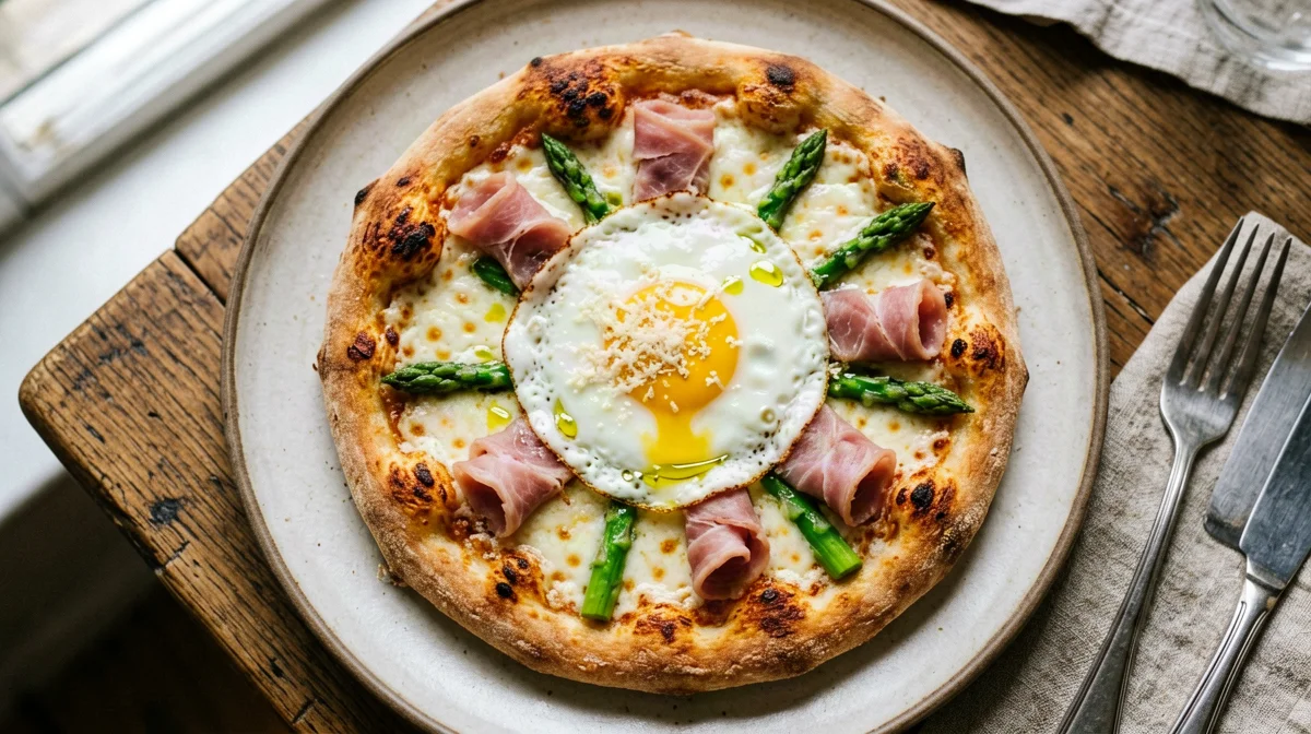 Pizza Bismarck light con asparagi e uovo
