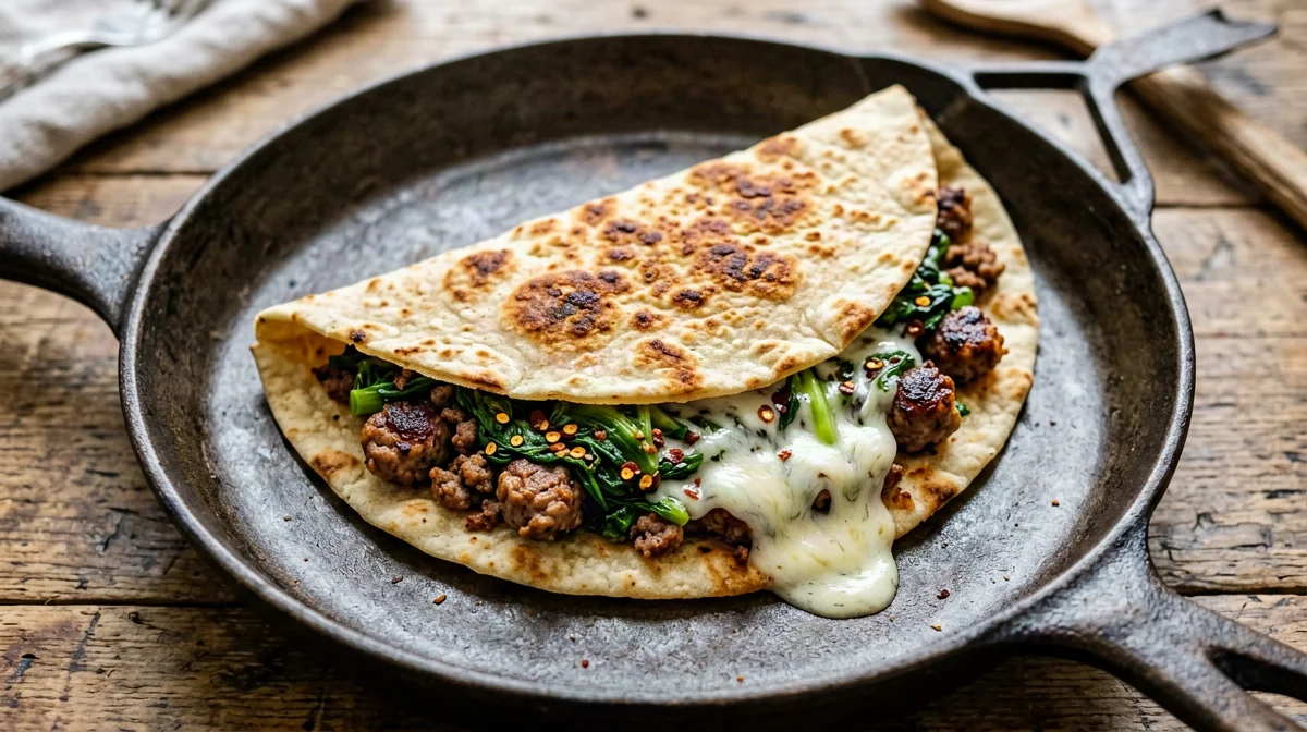 Piadina con salsiccia, cime di rapa e scamorza