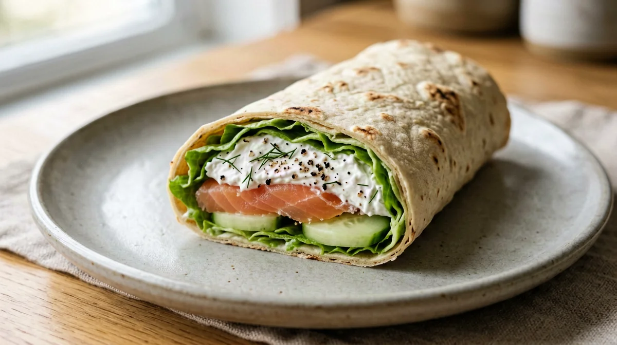 Piadina con salmone affumicato, formaggio light e cetriolo