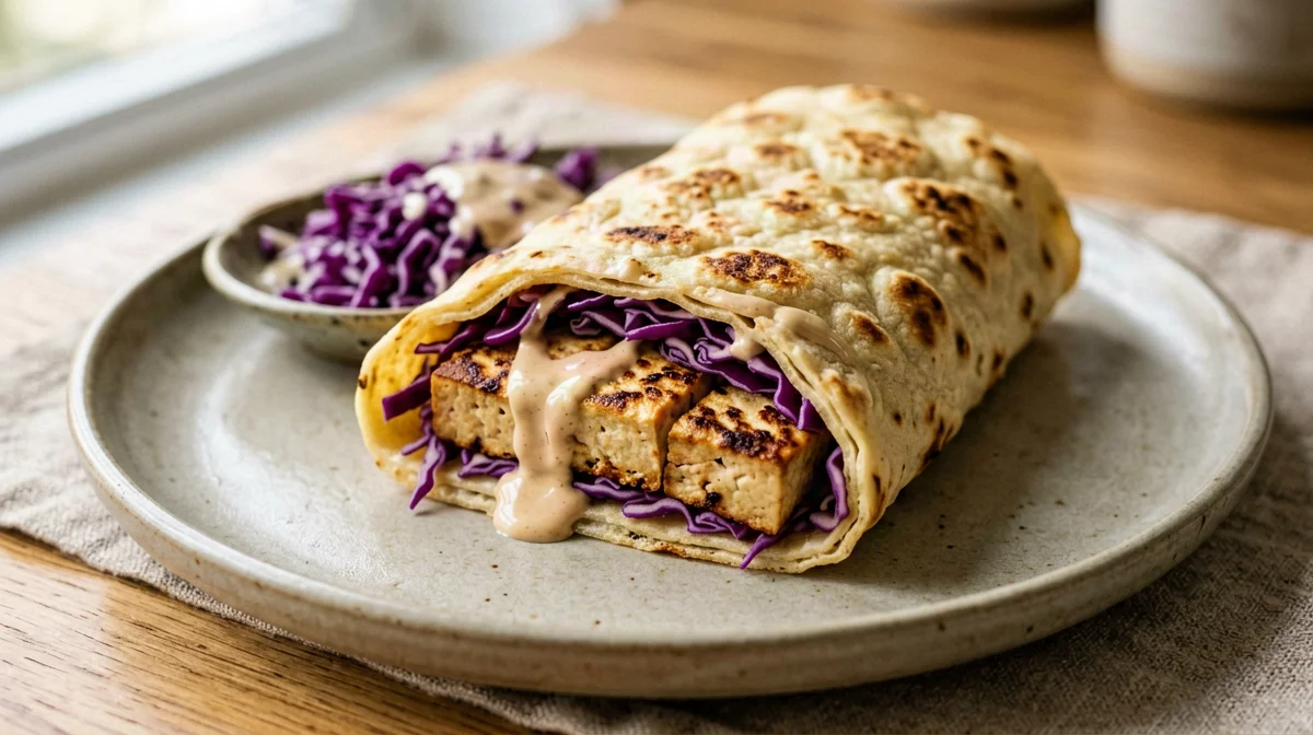 Piadina con tofu alla piastra, cavolo rosso e tahina