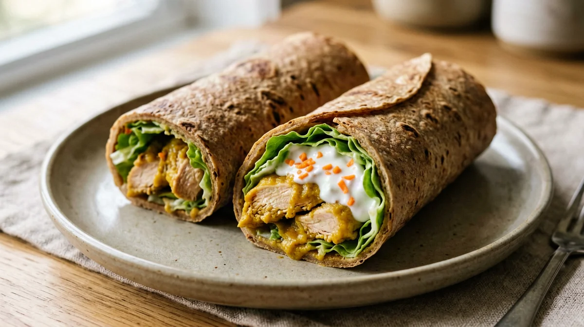 Wholemeal wrap with curried chicken, yogurt and salad