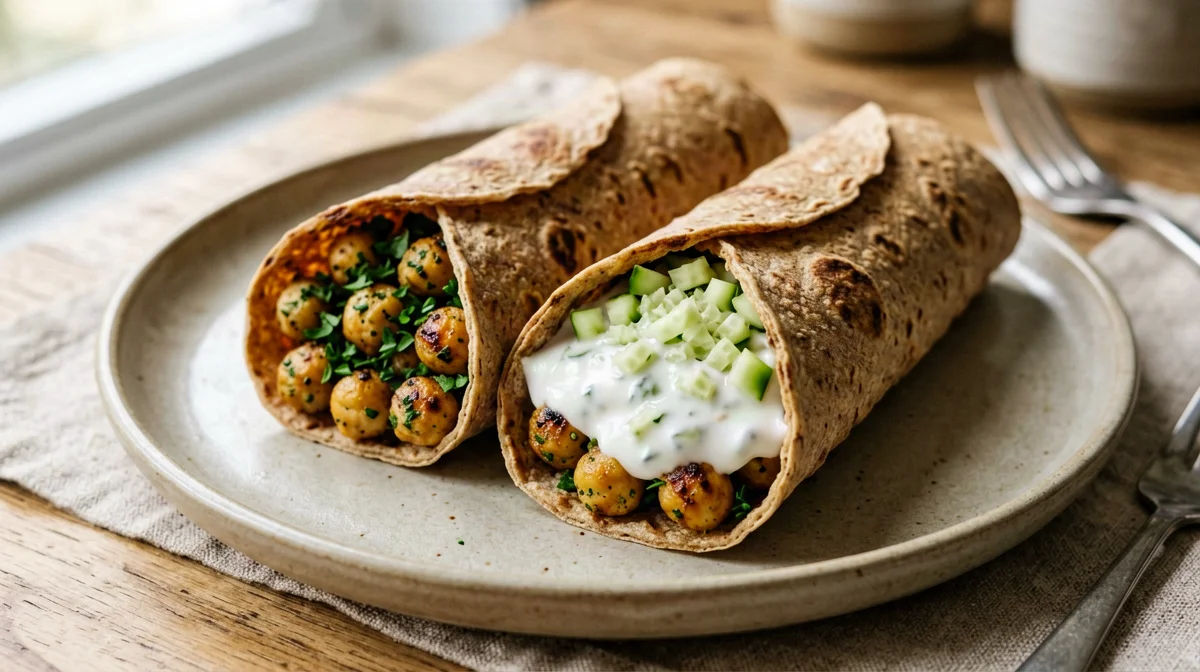 Wrap with baked chickpea balls, yogurt and cucumber