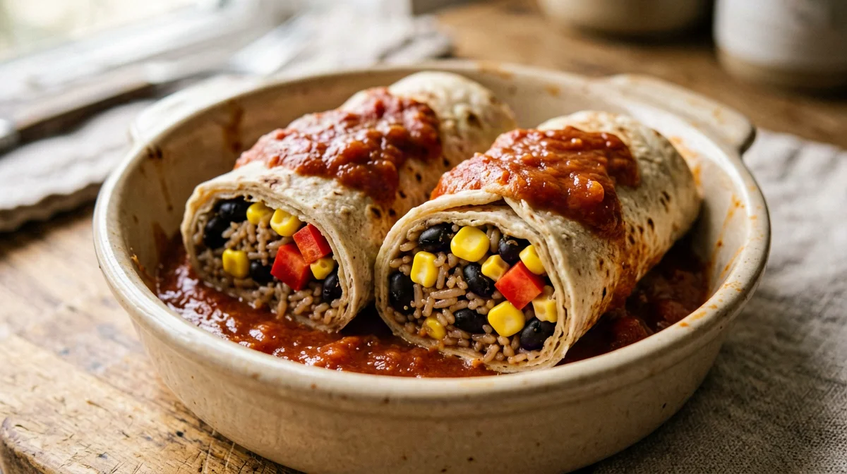Baked burrito with brown rice, beans and vegetables