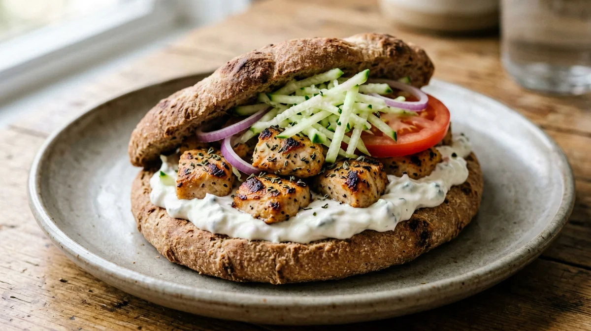 Wholemeal pita with chicken, tzatziki and red onion