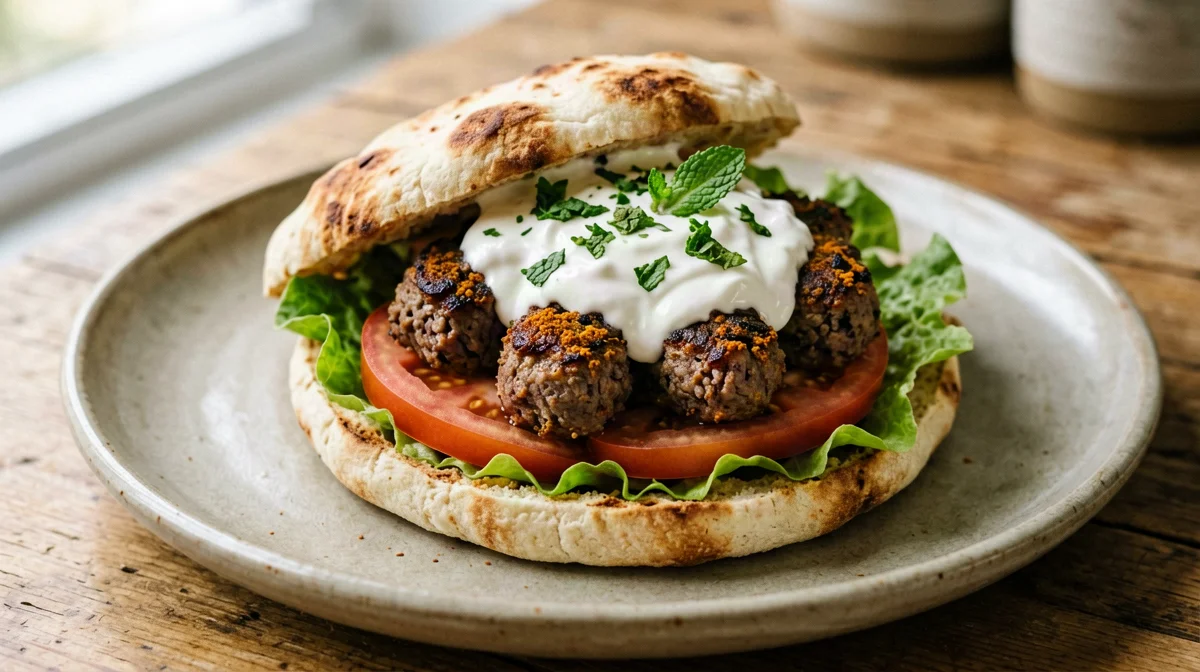 Pita with spiced lamb, yogurt and mint