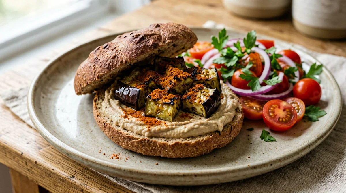 Pita with hummus, roast aubergine and parsley