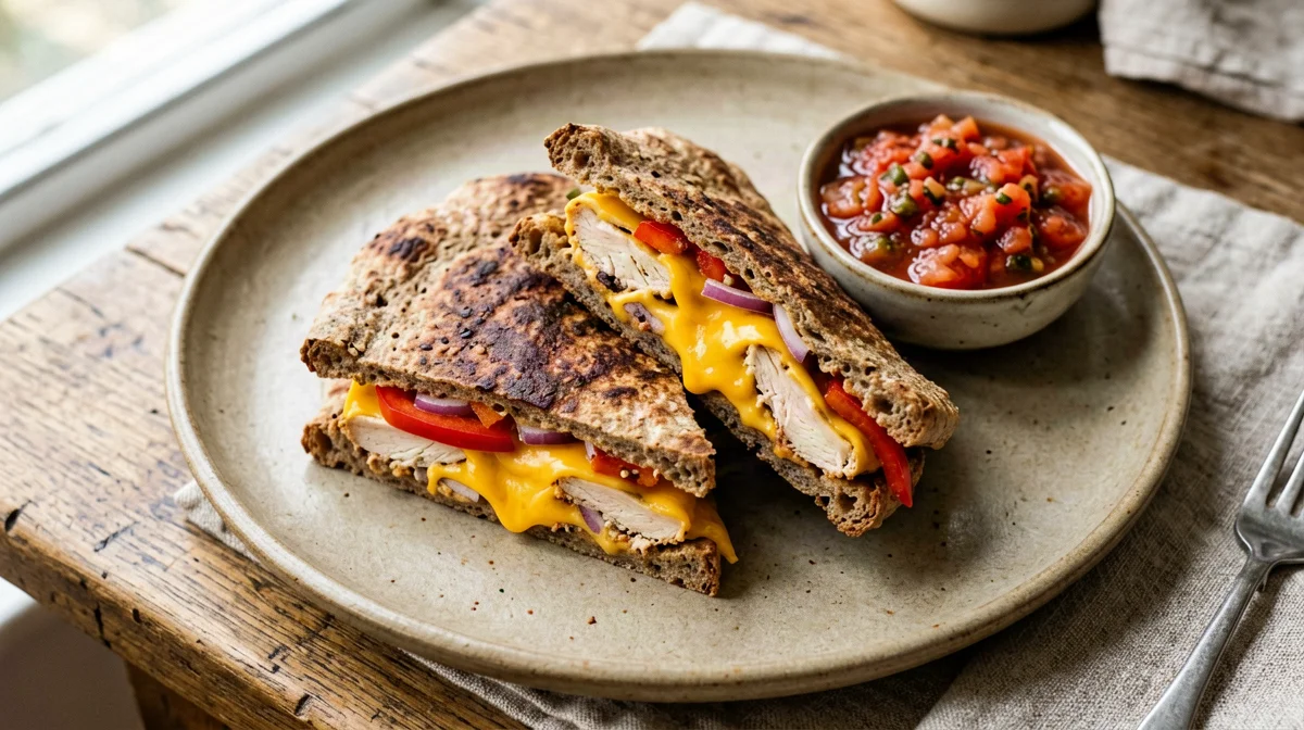 Quesadilla integrale con pollo, peperoni e cheddar