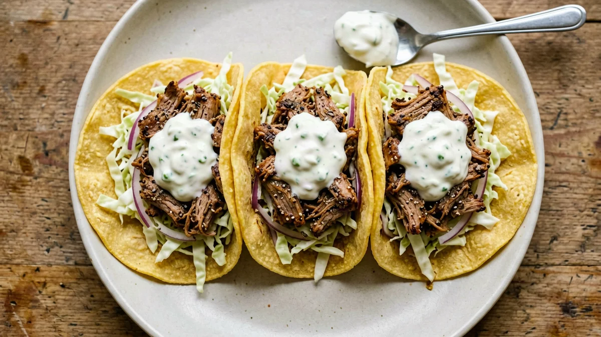 Tacos di mais con maiale sfilacciato e cavolo croccante