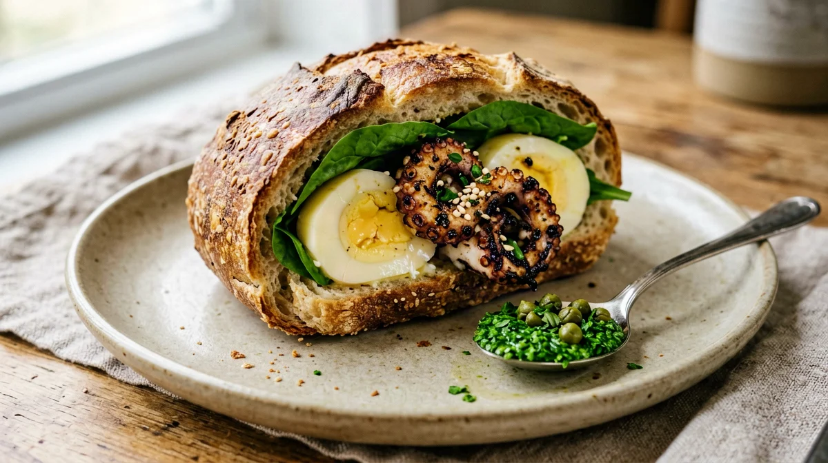Grilled octopus sandwich with potatoes and parsley