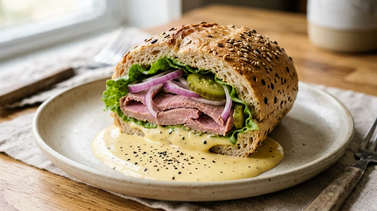 Panino ai cereali con roast beef, cipolla rossa e cetriolini