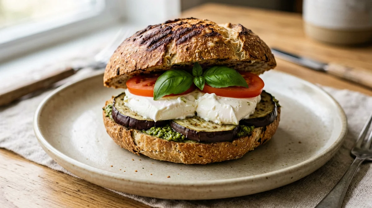 Panino con melanzane grigliate, bufala e pesto