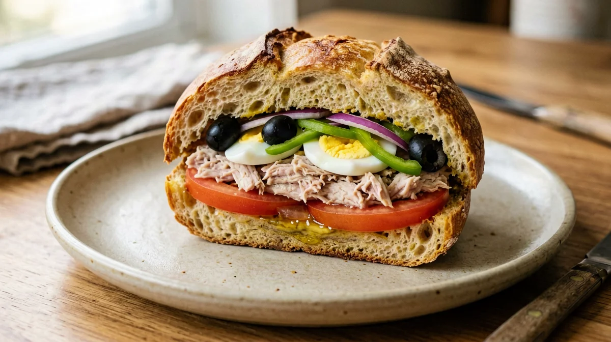 Pan bagnat con tonno, uovo sodo e pomodoro
