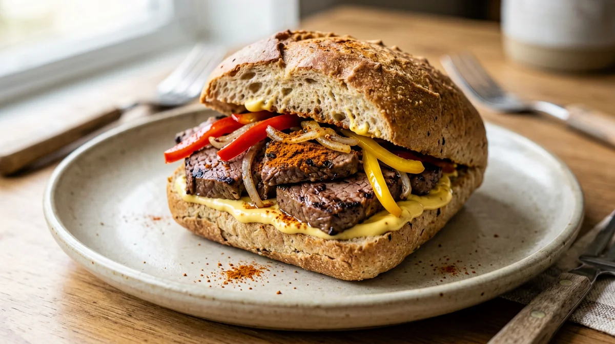 Panino vegano con seitan alla piastra, peperoni e cipolla