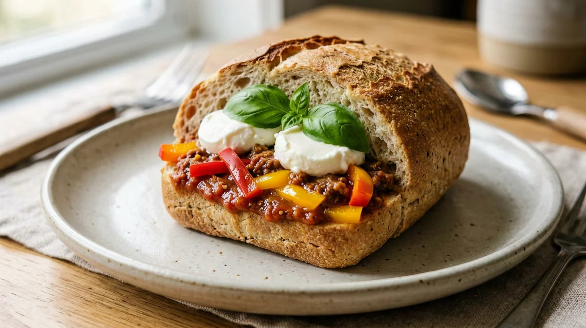 Panino integrale con peperonata e mozzarella di bufala