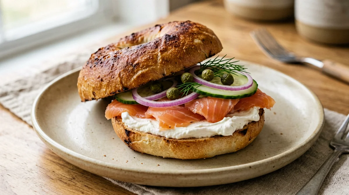 Bagel with smoked salmon, light cream cheese and red onion
