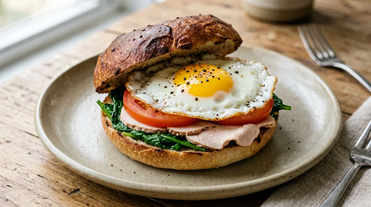 Bagel with turkey, egg and spinach