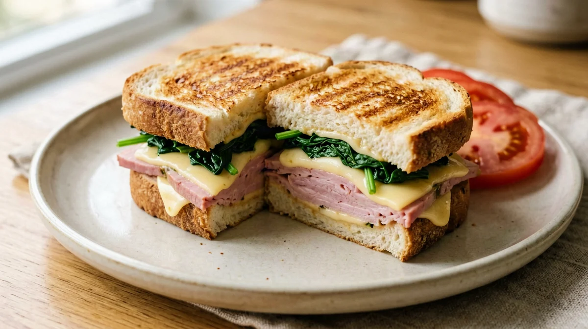 Hot toastie with ham, fontina and spinach