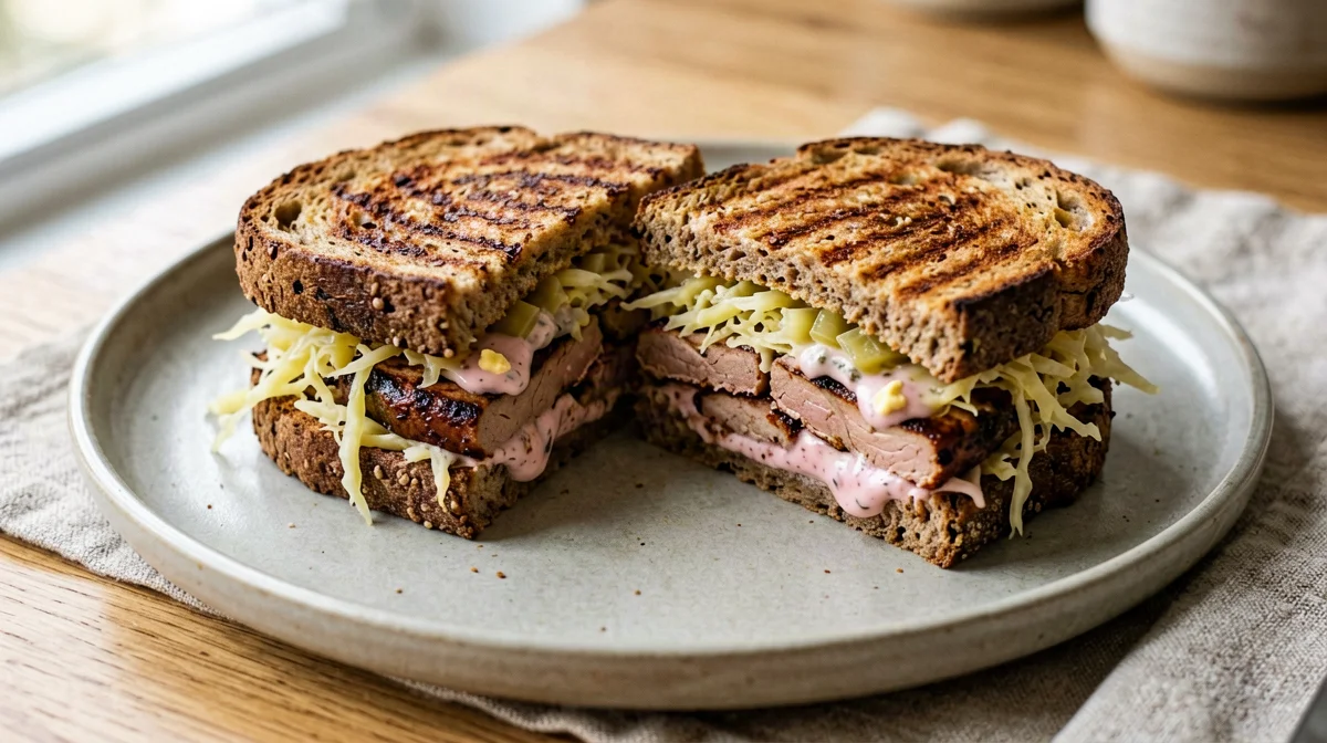 Vegan Reuben with smoked tofu, sauerkraut and mustard