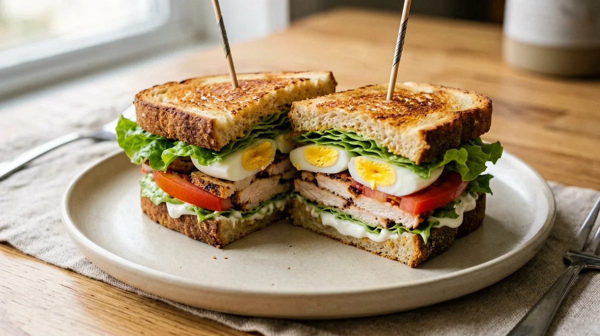 Light club sandwich with chicken, egg and lettuce