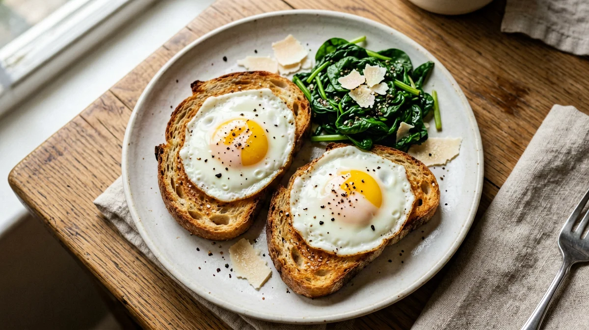 Toast con uovo nel buco, spinaci e Grana