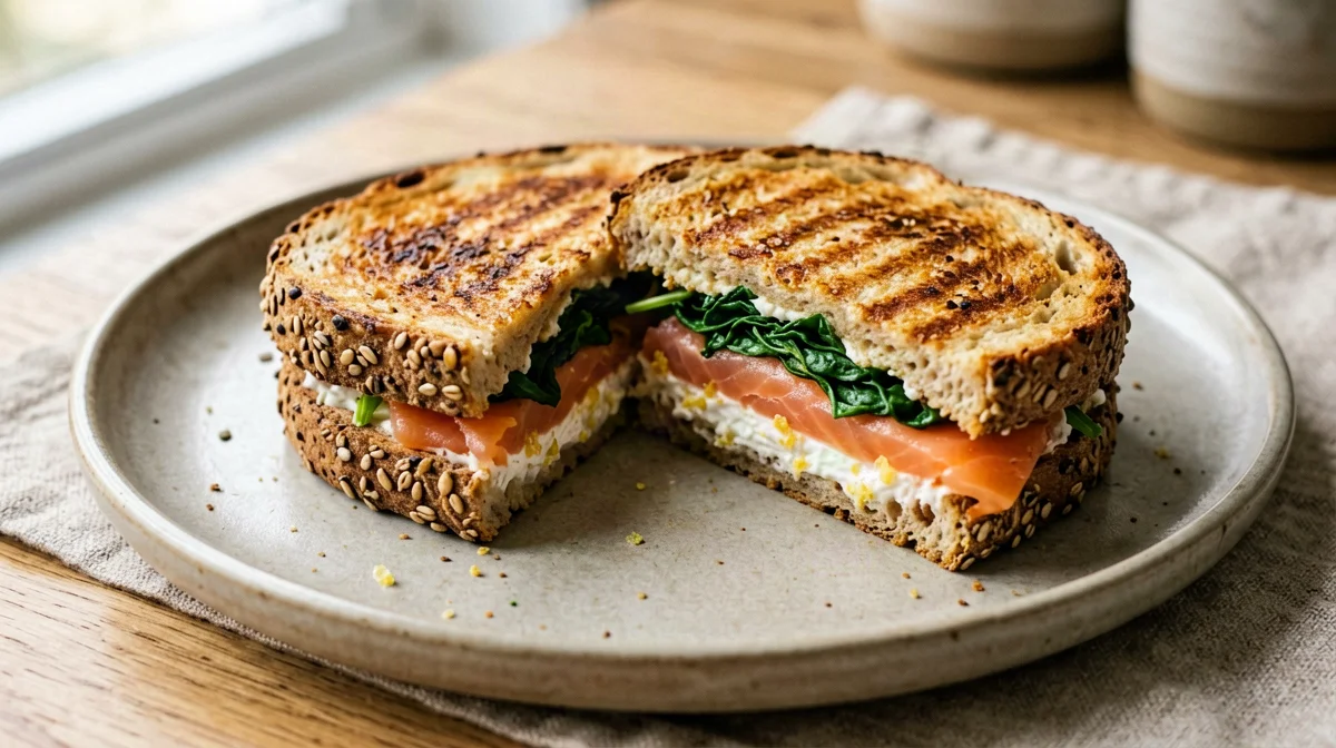 Toast caldo con salmone, spinaci e formaggio spalmabile