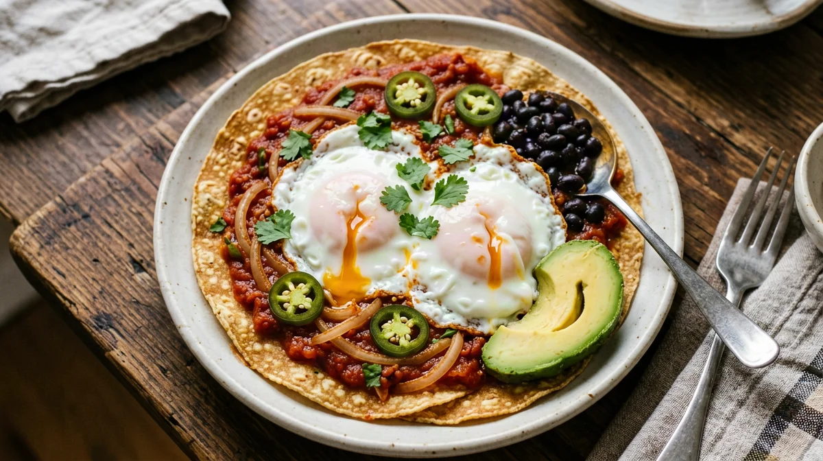 Huevos rancheros with corn tortillas and beans