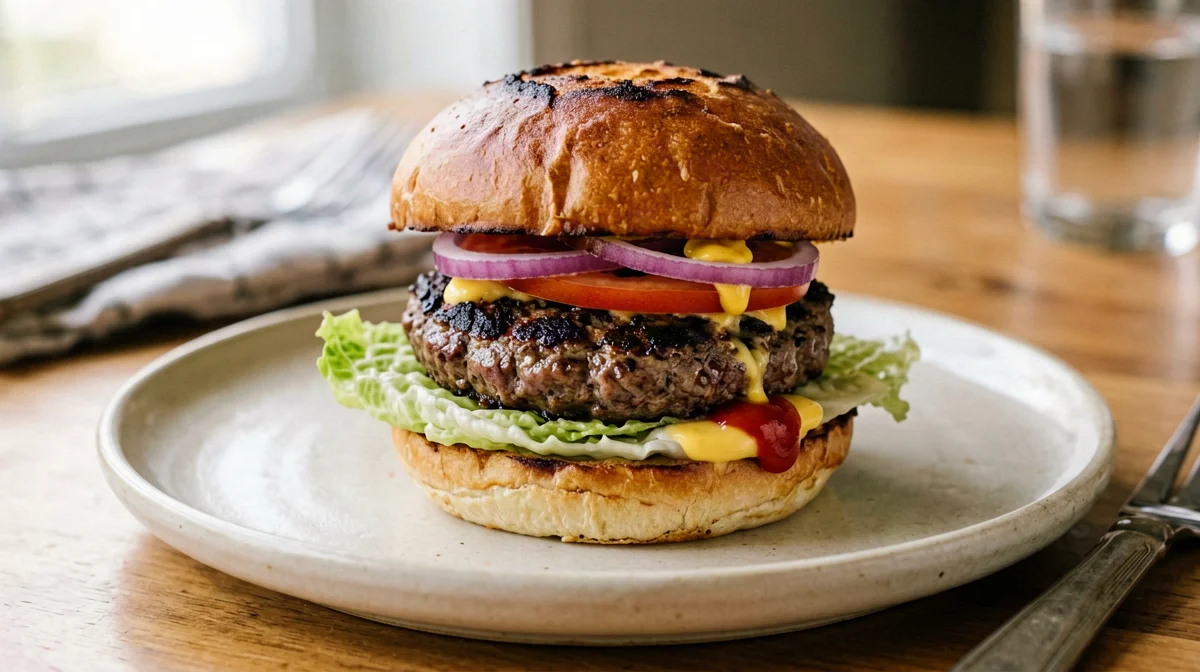 Lean beef burger with lettuce, tomato and mustard