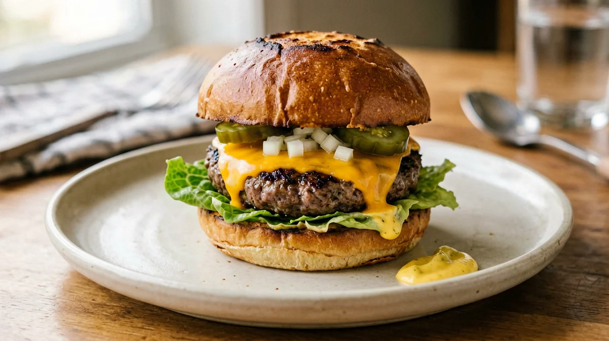 Light cheeseburger with cheddar and pickles