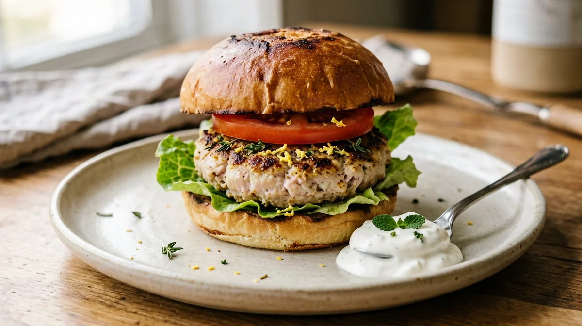 Lemon and thyme chicken burger with yogurt sauce