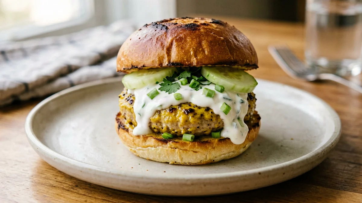 Curried turkey burger with yogurt and cucumber
