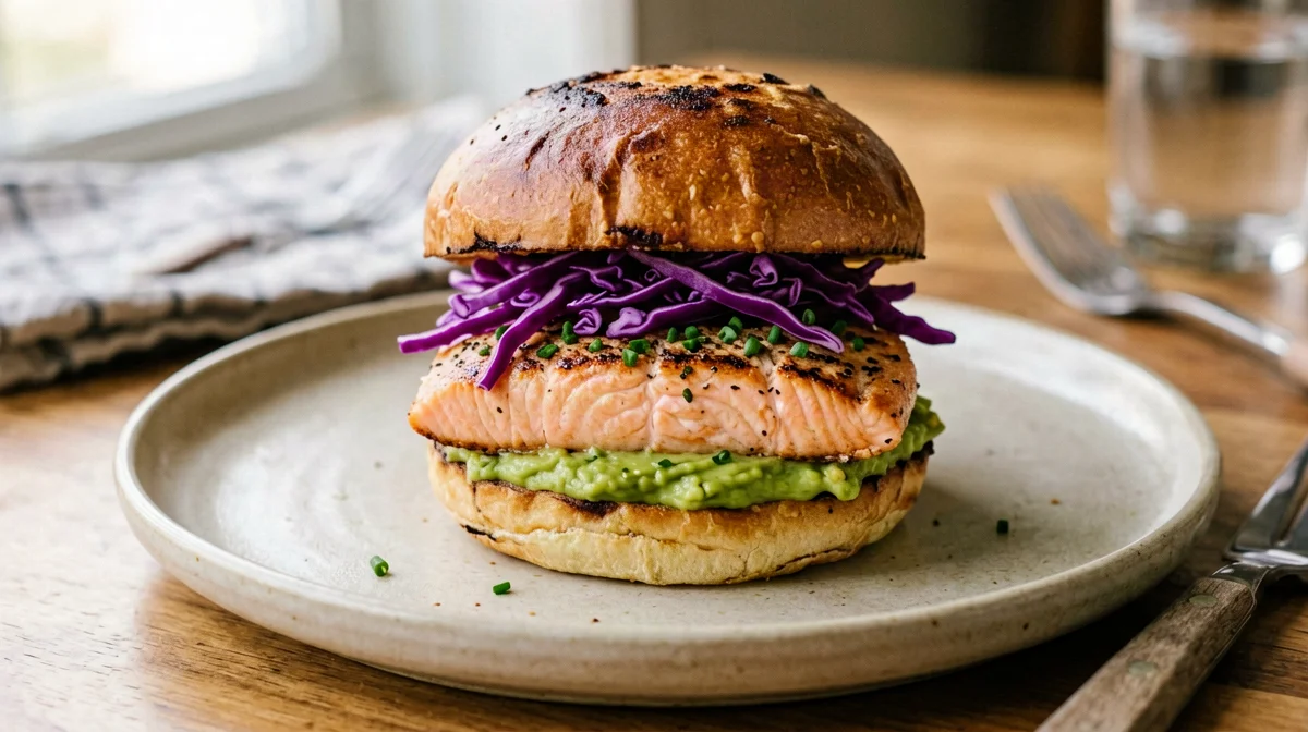 Salmon burger con avocado e cavolo rosso