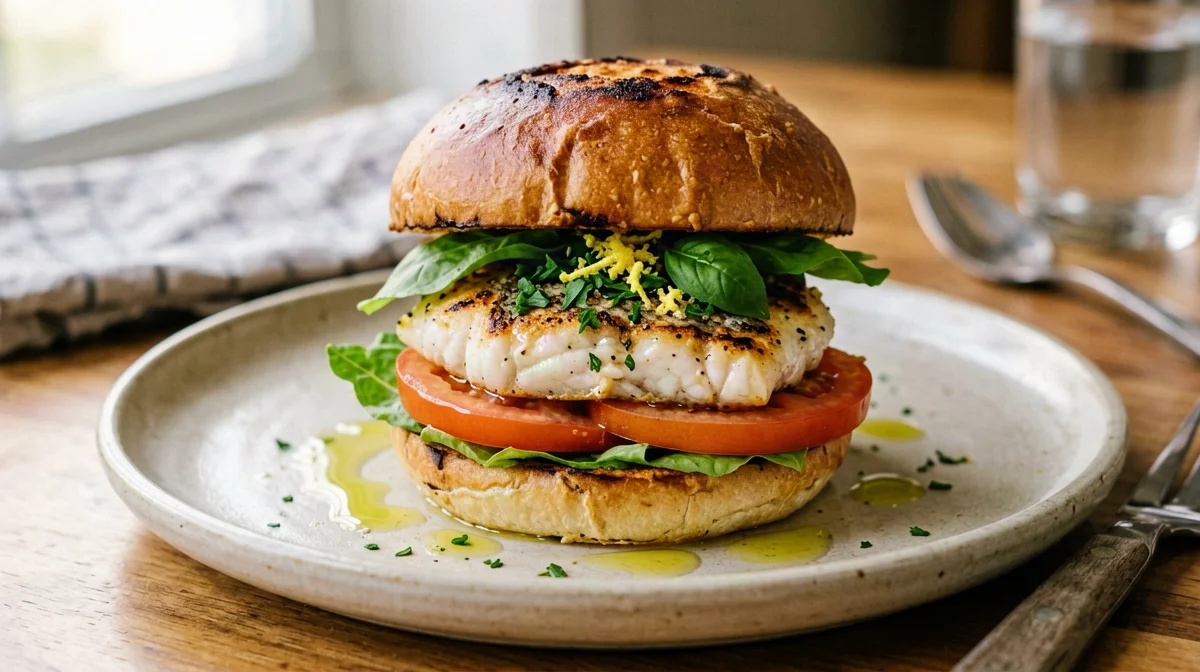 Herbed sea bass burger with tomato