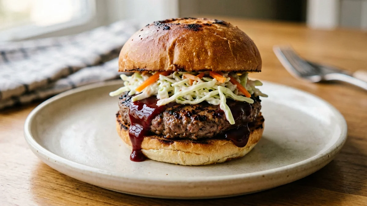 Barbecue tempeh burger with coleslaw