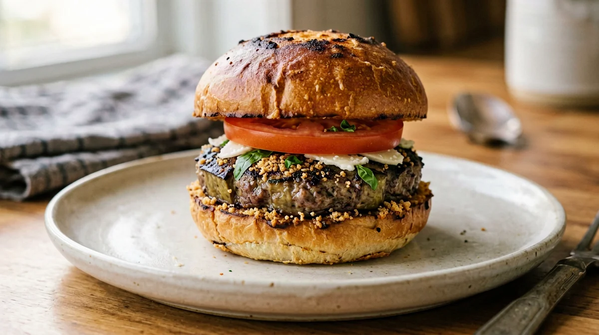 Baked aubergine and pecorino burger