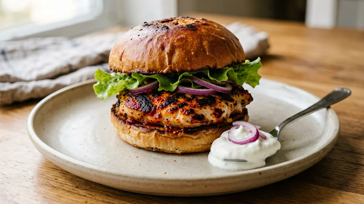 Burger di pollo tandoori con yogurt e cipolla rossa