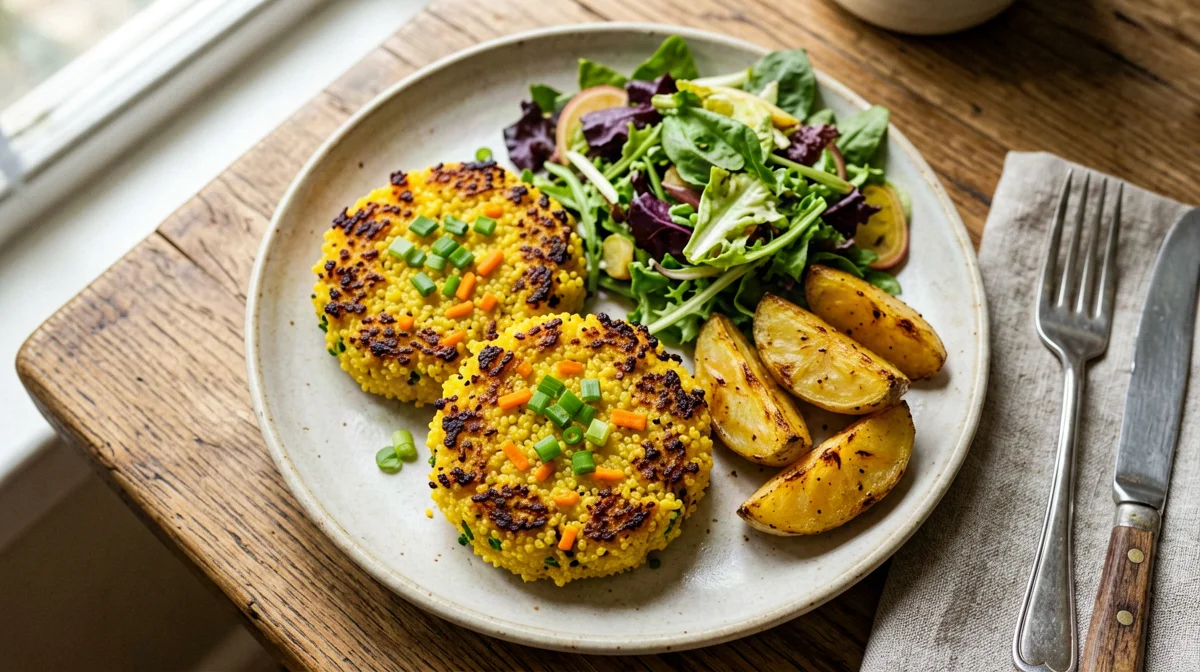 Millet and carrot burgers with roast potatoes