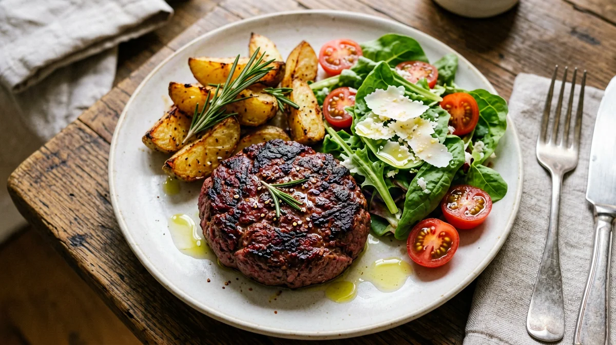 Horse meat burger with rocket and potatoes