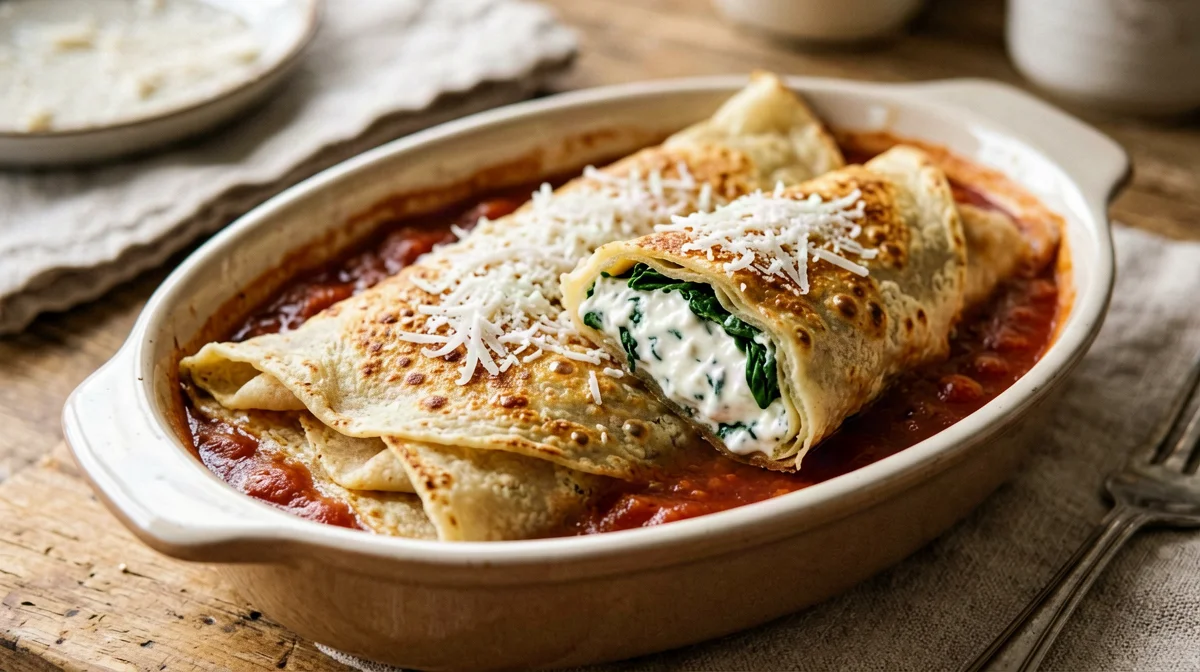 Baked crêpes with ricotta and spinach