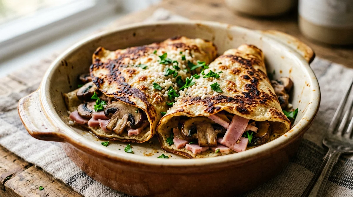 Gratinated crêpes with mushrooms and ham