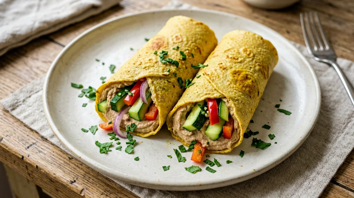 Chickpea crêpes with sautéed vegetables and hummus