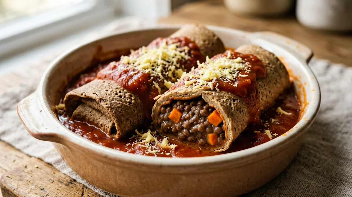 Vegan crêpes with lentil ragù