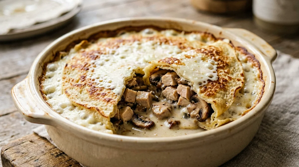 Chicken and mushroom crêpes in a light béchamel