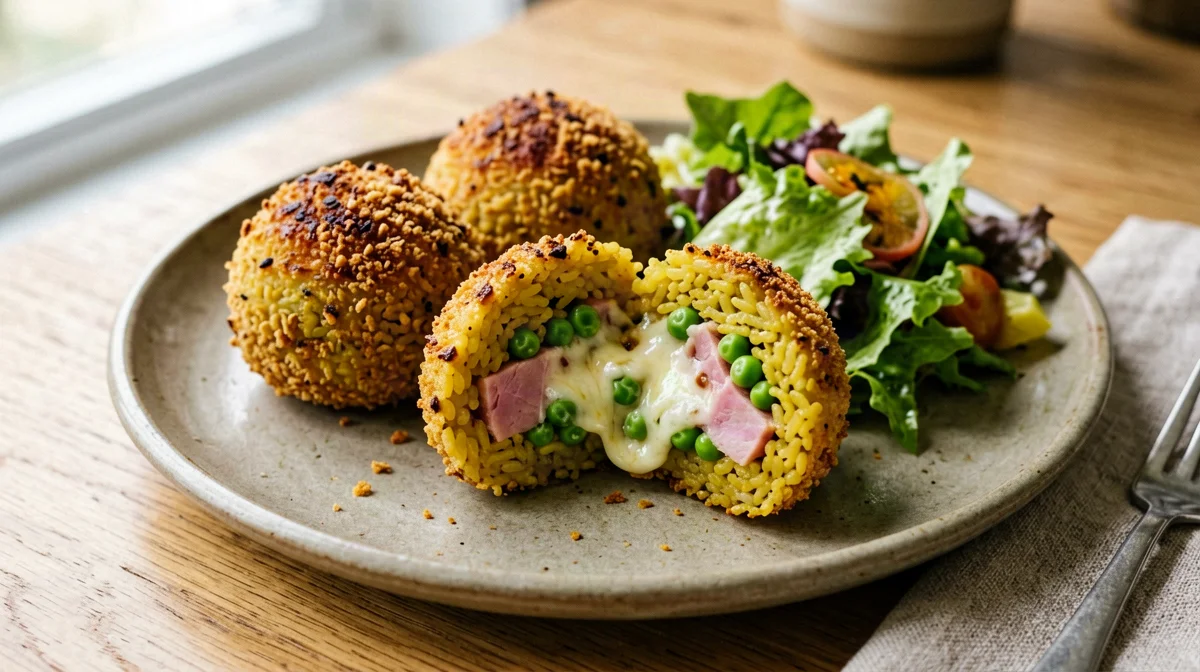 Baked arancini with peas and ham