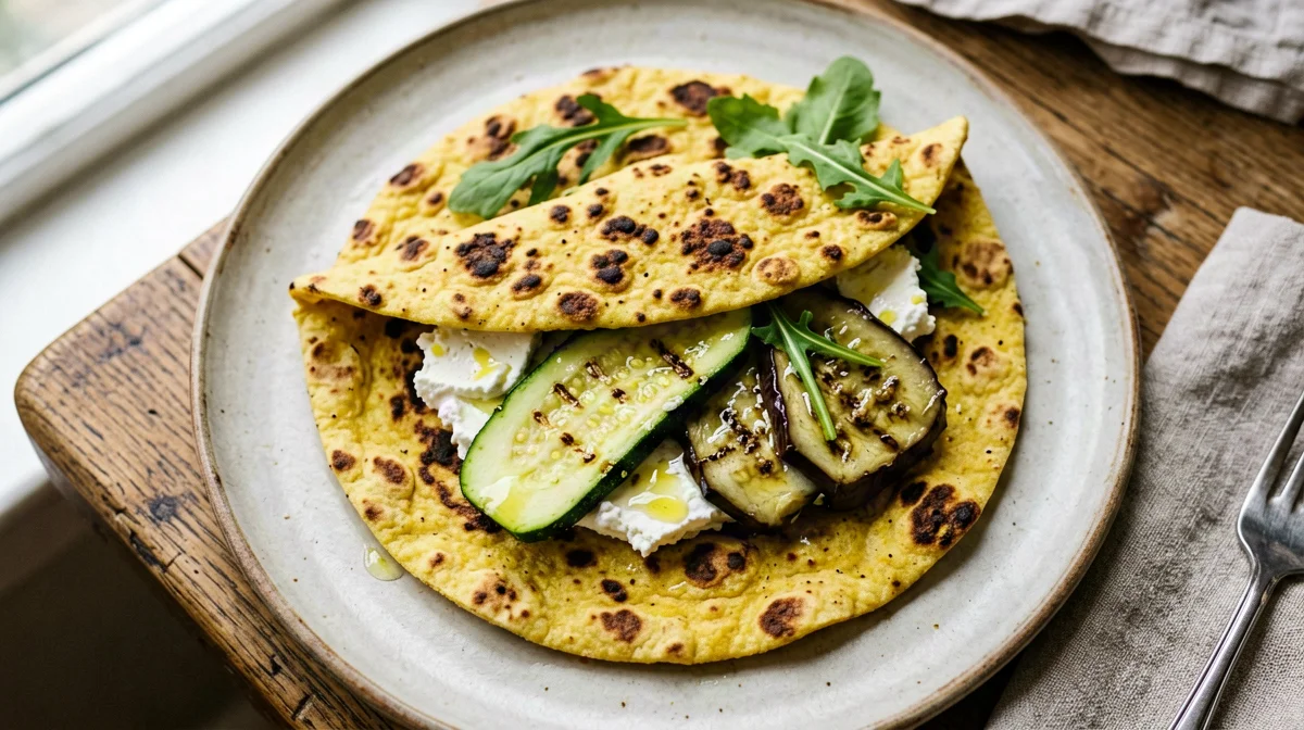 Piadina di farina di ceci con verdure e caprino