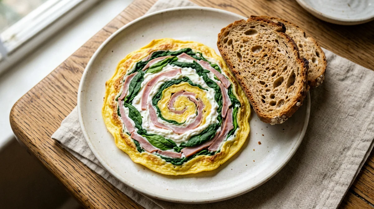 Baked frittata roll with spinach and ham