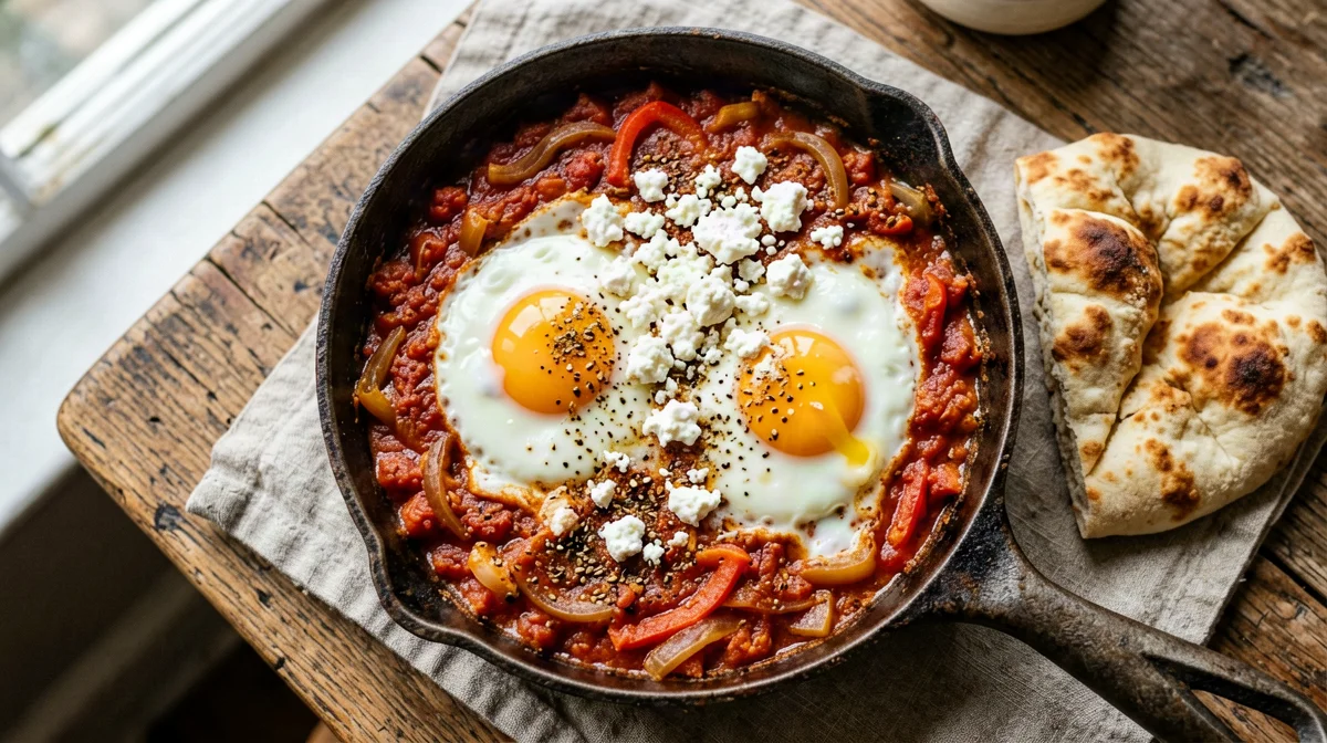 Shakshuka con peperoni e feta, pane pita