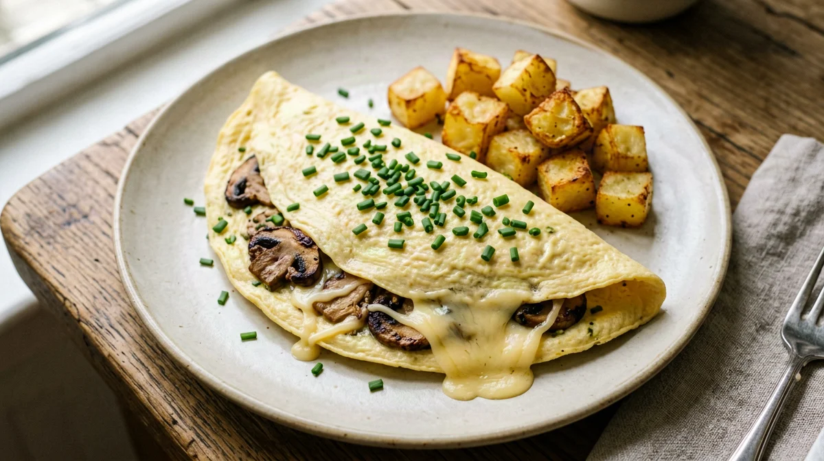 Omelette ai funghi ed erba cipollina con patate in padella