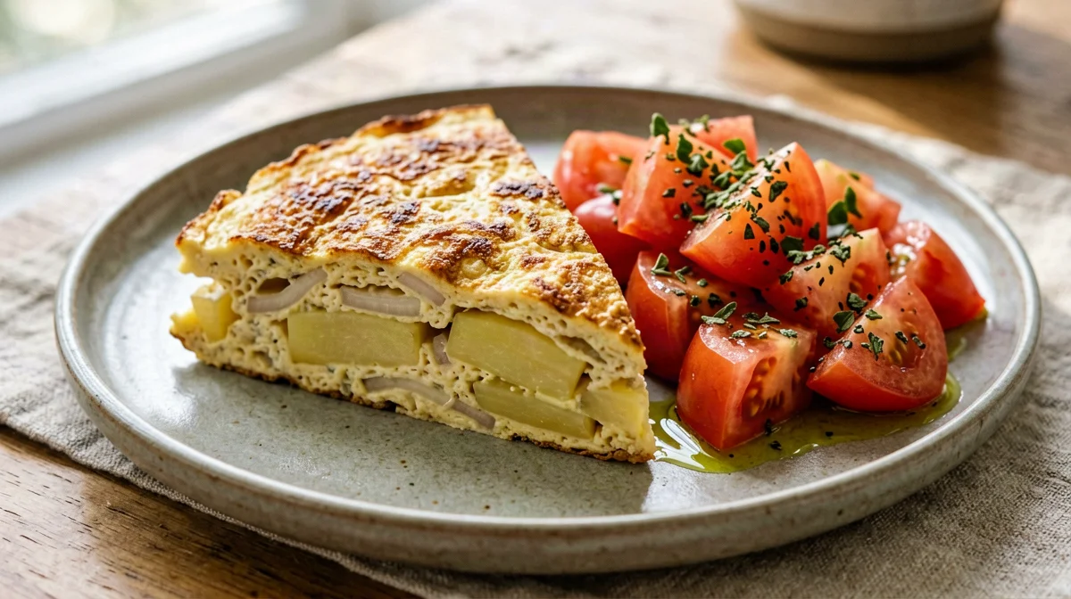 Potato and onion tortilla with oregano tomatoes