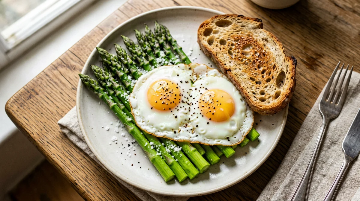 Asparagus Bismarck with fried eggs